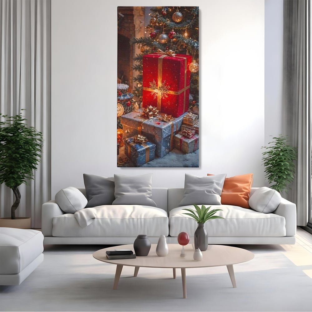 Tablou canvas cu tablou canvas cu cadouri sub brad, fara rama, pe sasiu de lemn, pe perete intr-un living